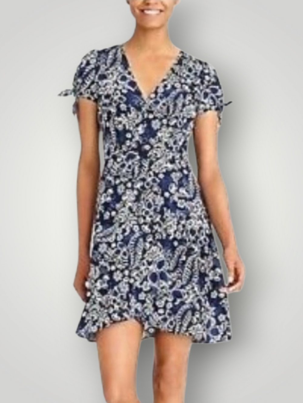J.Crew Navy Floral Faux Wrap Mini Dress 2 Tie Sleeve V-Neck Cottagecore Coquette